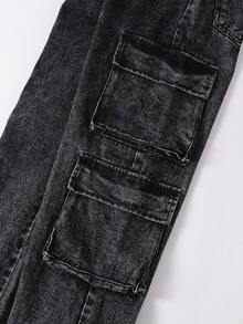SHEIN Tween Girls Y2K 风格复古水洗灰色牛仔工装裤，宽松版型，舒适柔软面料，街头时尚百搭，女童牛仔裤 - 灰色 - 查看 4