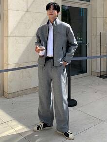 DAZY Men's Autumn Letter Embroidery Textured Fabric Elastic Waist Pants And Pullover Sweatshirt Set Business Attire