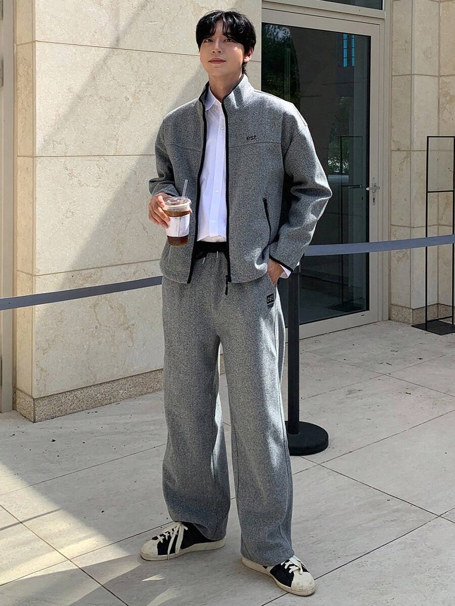 DAZY Men's Autumn Letter Embroidery Textured Fabric Elastic Waist Pants And Pullover Sweatshirt Set Business Attire