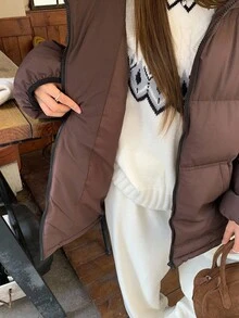 DAZY 女士宽松连帽绗缝羽绒服，纯色，加厚保暖内衬，秋冬女式外套 - 咖啡棕 - 查看 8