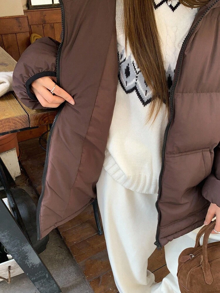 Women's Loose Hooded Padded Quilted Jacket, Solid Color, Thick Thermal Lining, Autumn/Winter Women Coats