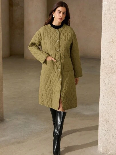 GENKIRA Pocket Decor Casual Loose Fit Crew Neck Long Sleeve Long Padded Coat