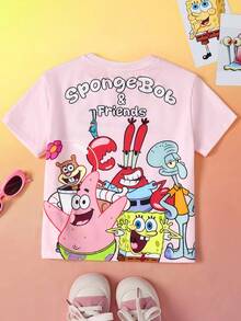 SpongeBob SquarePants | SHEIN 少女可爱卡通图案针织圆领宽松粉色短袖T恤 - 粉色 - 查看 1