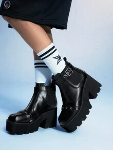 Sugerpunk Giày bốt cao gót đế vuông phong cách Gothic, khóa kim loại, đế PU màu đen, thích hợp cho tiệc tùng, mặc hàng ngày, mặc váy dạ hội, tăng chiều cao và kéo dài chân - màu đen - Xem 3