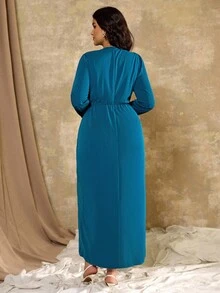 Roveilla Plus Size Women French Twist Metal Long Sleeve Dress Dress Modest Turquoise Dress Women Teal Blue Dress Women Gowns For Wedding Occasions Teal Blue Elegant Dress Long Sleeve Elegant Dress Gown - Blue - View 2
