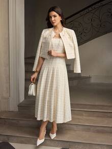 ZEYLAH Women's Plain Beaded Short Jacket, Long Sleeve, Autumn/Winter - Apricot - View 3