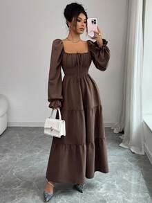 Rafferiza Almamuse 女士优雅休闲方领短款泡泡袖纯色长款吊带连衣裙，适合春秋季日常休闲、度假和婚礼，休闲可爱性感西式服装，完美适合乡村音乐会服装 - 咖啡棕 - 查看 3