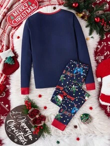 SHEIN 1 Bộ áo thun dài tay cổ tròn màu đỏ tía mừng Giáng sinh cho bé trai kèm mũ ông già Noel và cây thông Noel, quần ngủ bó màu xanh navy kèm mũ ông già Noel, cây thông Noel và dòng chữ "CHRISTMAS GAMER", quà tặng Giáng sinh - Nhiều màu - Xem 2