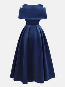 SHEIN Pitira 少女派对装少女海军蓝缎子，精致的金属装饰水钻纽扣，单肩褶皱设计开衩 A 字裙，优雅正式婚纱，花童裙 - 藏蓝色 - 查看 6