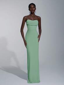 Elitara Elegant Minimalist Split Bandeau Plunging Neckline Fitted Maxi Slit Back Bridesmaid Dress - Mint Green - View 5