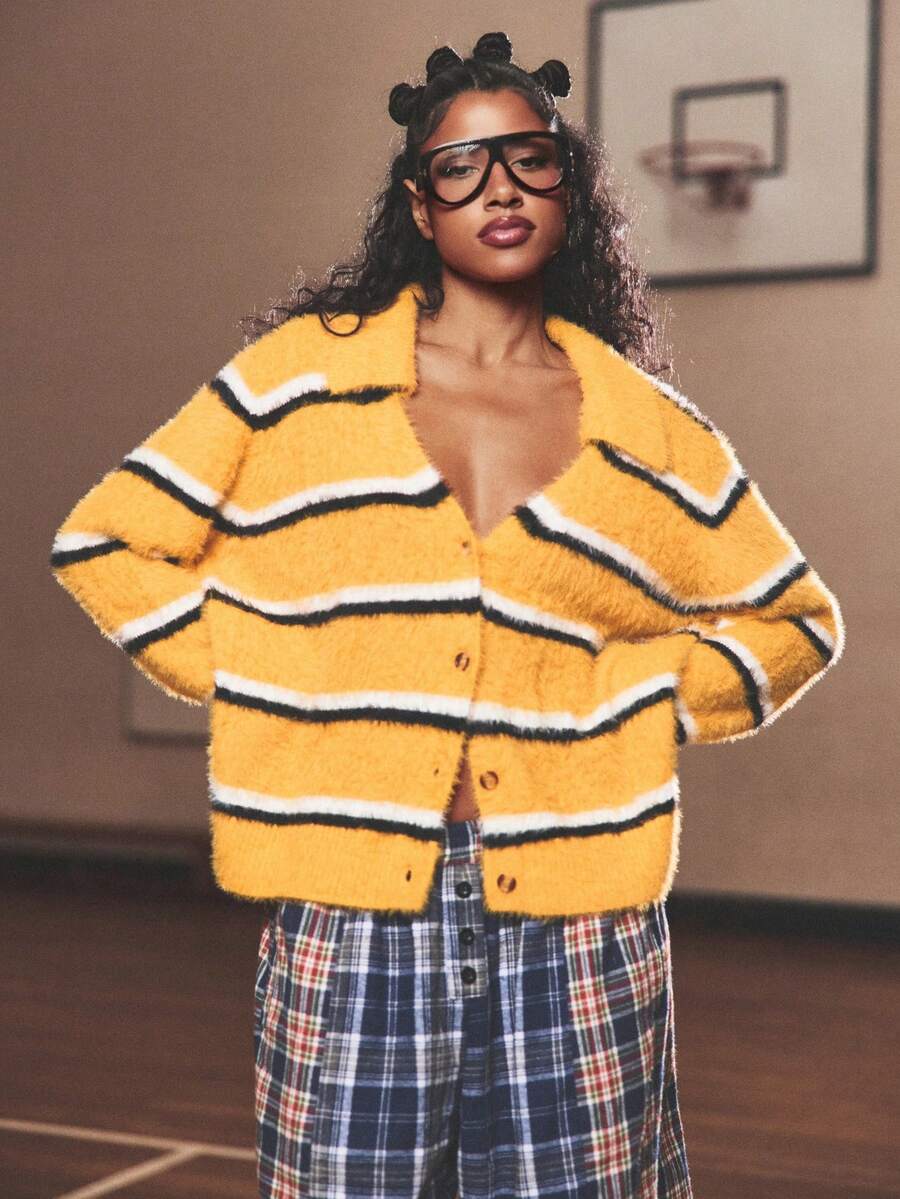 SUMWON WOMEN Áo len cardigan kẻ sọc cài nút phía trước cổ chữ V tay dài ấm áp mùa thu đông phong cách đại học cổ điển thời trang Y2K trường dự bị đại học - Màu vàng - Xem 1