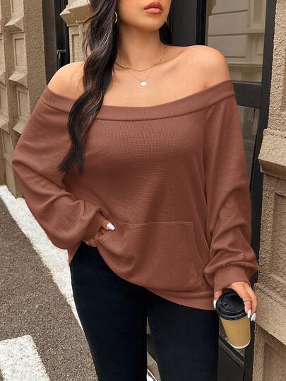 SHEIN Frenchy Plus Size Solid Color Off Shoulder Long Sleeve Minimalist Sweatshirt, Casual Everyday Wear,Airport In Fall/Winter