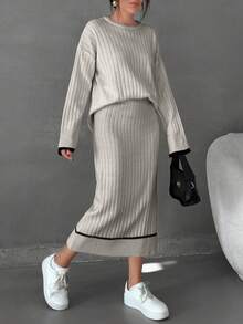 EURMUSE 女士条纹细节毛衣长裙套装 - 米色 - 查看 5