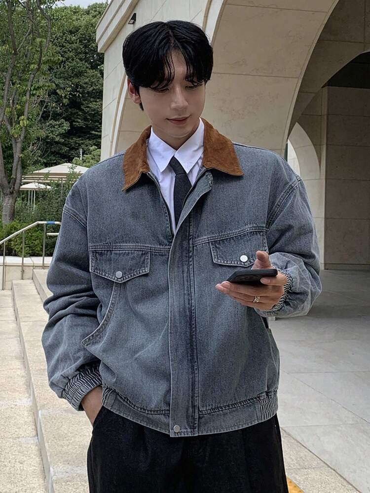 Men's Solid Color Patchwork Collar Blue Washed Denim Jacket, Autumn