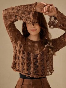 Wildy Fall Country Chic Winter Halloween Women's Casual Bohemian Hollow Out Long Sleeve Sweater Y2k Tops Boho Women Brown Western Wear Bohemian Airport Fall Sweater - Chocolate Brown - View 4