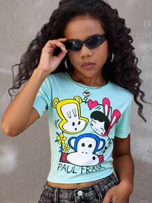 Paul Frank X SHEIN Tween Girl Fall Clothes,Casual Cartoon And Letter Graphic Short Sleeve Crew Neck Tee,Back To School,Tops For School,Homecoming - Mint Blue - View 3