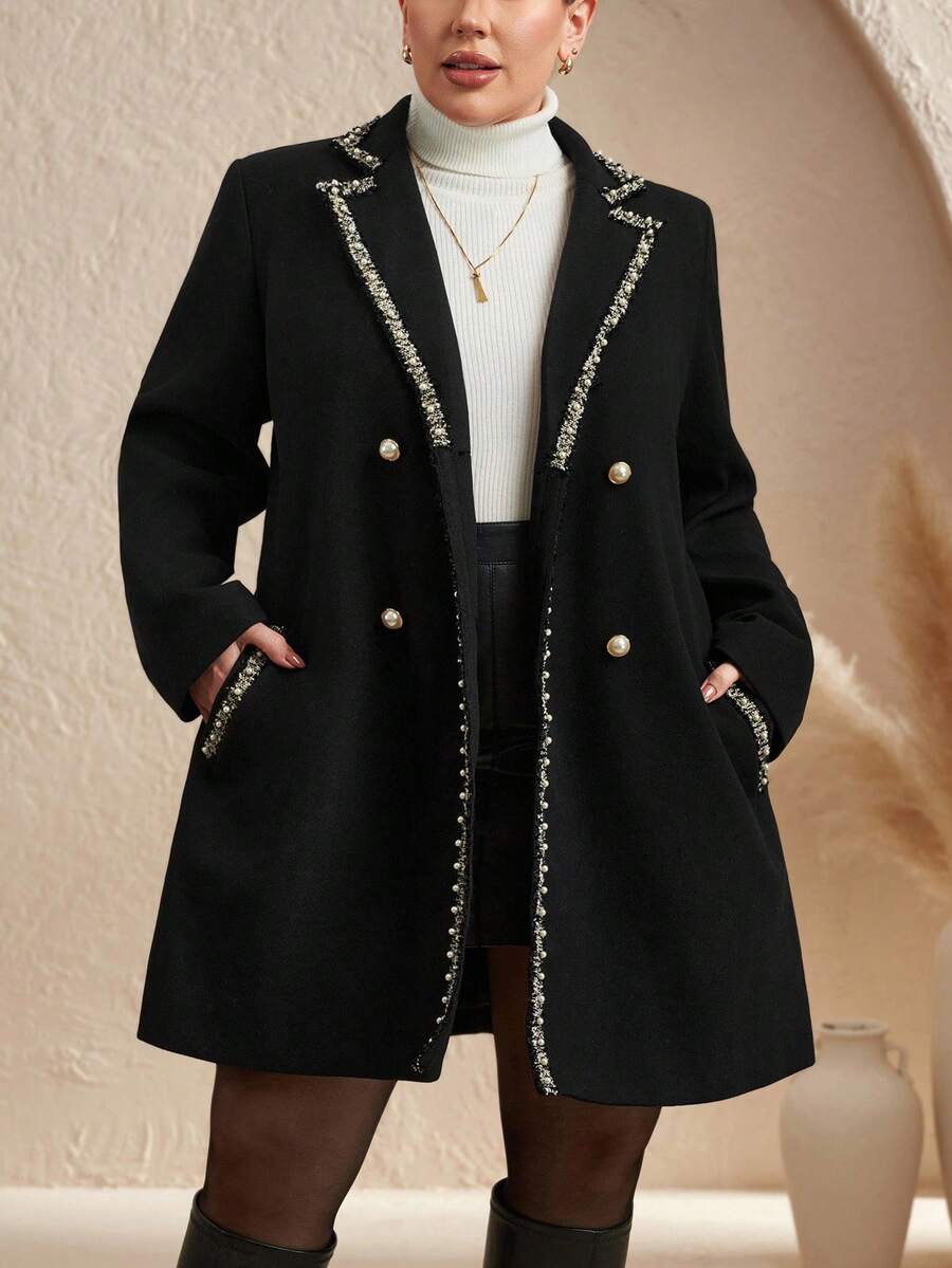 Chikora 秋冬大码女式翻领长袖羊毛混纺加厚夹克 - 黑色 - 查看 1