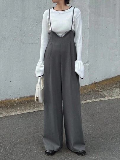 FRIFUL 女士纯色褶皱设计阔腿宽松休闲连体裤背带裤女曲线连体裤女宽松连体裤阔腿连体裤宽裤秋冬