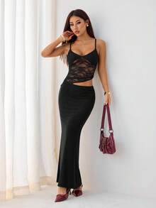 SHEIN PETITE Váy maxi ren đen xuyên thấu gợi cảm cho kỳ nghỉ hè trên bãi biển, thích hợp cho hẹn hò hàng ngày, đi chơi đêm, hộp đêm, tiệc tùng, tụ tập, tiệc cocktail, tiệc hồ bơi, trang phục mùa tựu trường, váy mùa tựu trường, váy ngày lễ váy nữ váy không tay gợi cảm màu trơn cho nữ, váy trắng, váy đi nghỉ - màu đen - Xem 6