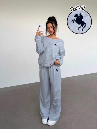 Aloruh 2pcs Women Casual, Sports, College Style Sweatshirt Set With Small Horse Logo Print, Suitable For Back To School Season, Autumn/Winter,Fall