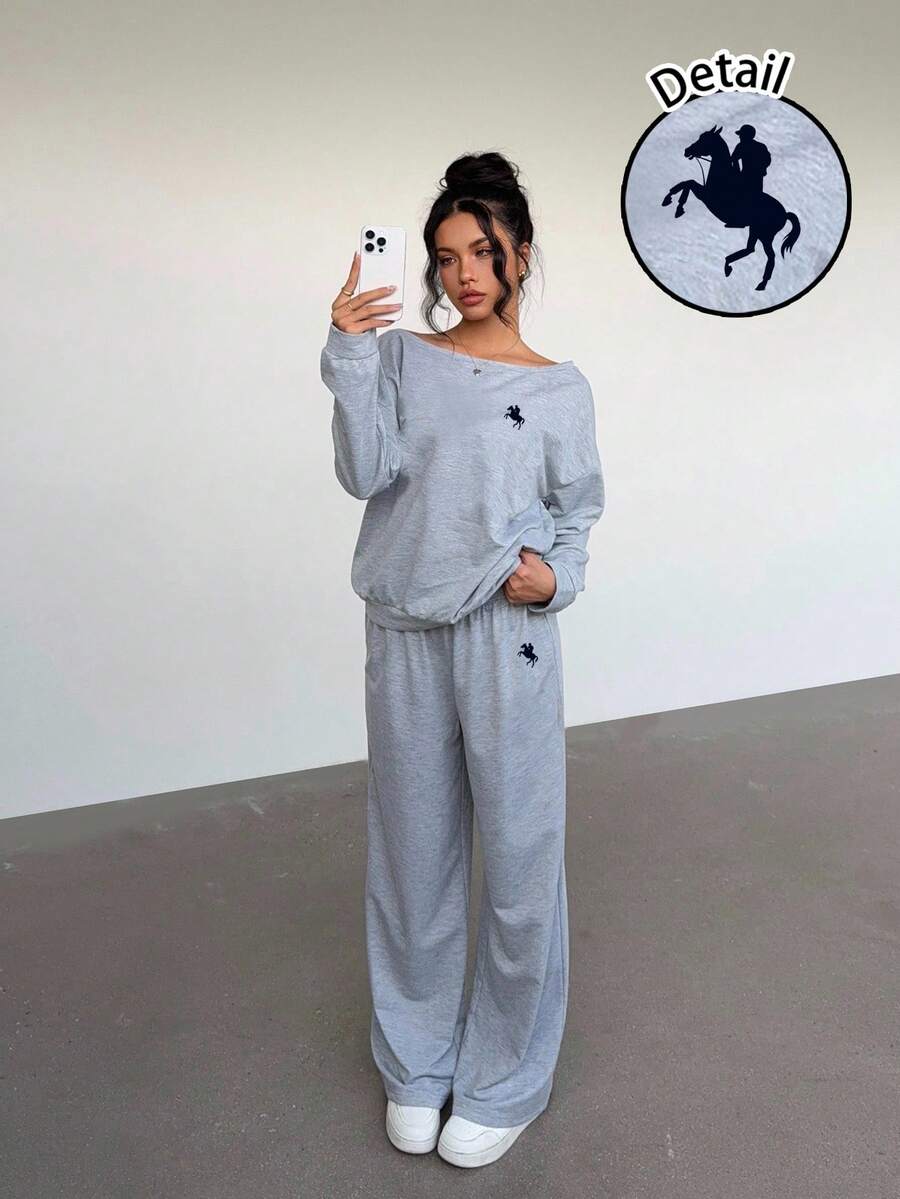 Aloruh 2 Potong Setelan Sweatshirt Wanita Kasual, Olahraga, Gaya Kuliah dengan Cetakan Logo Kuda Kecil, Cocok untuk Musim Kembali ke Sekolah, Musim Gugur/Musim Dingin.