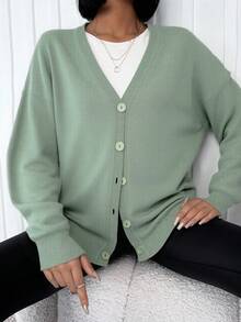 EURMUSE 女款純色大輪廓落肩開襟衫 - 綠色 - 查看 4