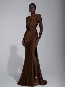 Elitara Elegant & Millennium Futuristic Chocolate Brown Knit Zipper Dress,Hollow Chest Cups,Long Sleeves,Pleated Waist,Slit Hem,Formal Evening Gala Gown - Coffee Brown - View 4