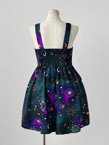 Sunspun 全新时尚百搭假日梦幻星空印花拼布荷叶边系带腰部装饰前拉链中长款吊带裙女式 - 霧霾藍 - 查看 2