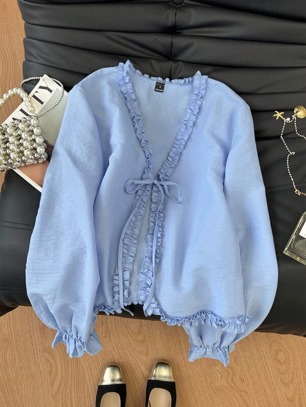 SHEIN Frenchy Camisa casual de mujer con volantes y lazo delantero, ropa de otoño para mujer, blusa elegante para fiesta, invitada de boda, blusas para salir, blusas para boda civil, blusas elegantes para mujer, blusas elegantes de invierno y primavera