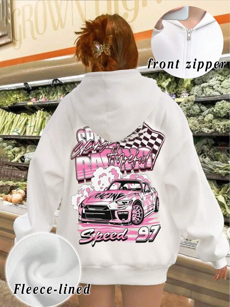 SHEIN Tween Girls' Casual Street Graphic Racing Print White Long Sleeve Zip-Up Sweatshirt With Pockets, Suitable For Autumn/Winter Fall - White - View 1