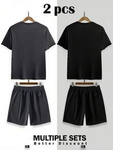 Manfinity Homme Multi-Piece Set Men's Fashion Versatile Short Sleeve + Shorts Set, Minimalist English Text Daily Wear, Round Neck Shorts Set, Multi-Piece Outfit