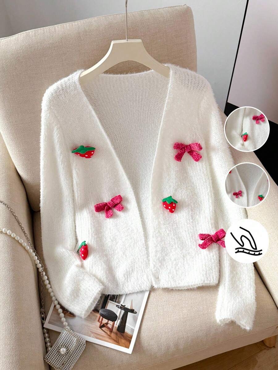 1 Áo len cardigan cho bé gái, phong cách ngọt ngào với họa tiết nơ dâu tây 3D, áo len cardigan màu trắng, thiết kế mềm mại và thân thiện với làn da, áo khoác len thời trang và dễ thương, đa năng để mặc hàng ngày và đi chơi, thích hợp cho mùa xuân/thu - trắng - Xem 1