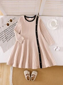 Gaun Rajut Lengan Panjang Leher Bulat Warna Kontras Bergaris Nyaman Kasual untuk Anak Perempuan, Cocok untuk Pakaian Sehari-hari Musim Gugur/Musim Dingin - MultiWarna - View 4