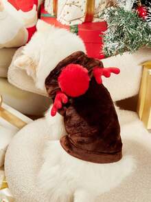 PETSIN 1 Stück Haustier Hund Braun Plüsch Weihnachts Rentier Kostüm - Warme Fleece Kapuzen Strickjacke, Festliches Feiertags Outfit für kleine Hunde mit süßer Geweih Dekoration