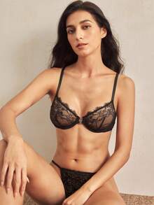 Charlaine 1pc Black Front-Closure Underwired 3/4 Cup Lace Trim Bra, Everyday Wear, Office, Casual, Alluring, Backless - Black - View 2