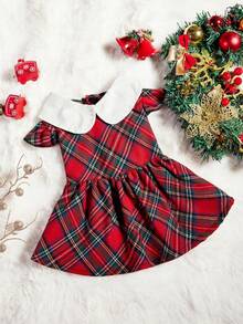 PETSIN 1pc Classic Plaid Print Cute Dog Dress With Puff Sleeves For Pet, Christmas - Red - View 1