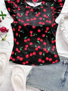 Soleia WYWH Vacation Ruffle Trim Ribbed White Knit Tee - Black - View 7