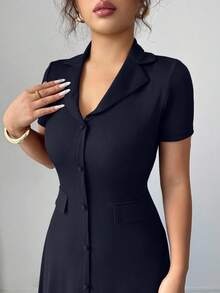 Elenzga Elegant Commuter Brown Lapel Waist Slimming Button Decor A-Line Back Bowknot Short Sleeve Maxi Dress For Women - Navy Blue - View 6