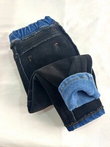 SHEIN 女婴蓝色牛仔保暖内衬弹力腰紧身裤，秋冬季，加绒加厚保暖牛仔裤 - 淺色水洗藍 - 查看 6