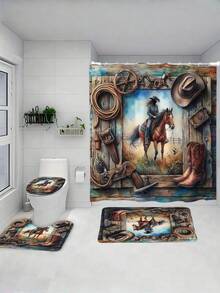 SHEIN Horse Farm 1/4 件套浴室窗帘套装，现代风格浴室装饰，防水布艺窗帘套装，带 12 个挂钩，防滑浴垫，U 型马桶垫，马桶座套，适合家居礼物，圣帕特里克节浴室配件 - 彩色 - 查看 6