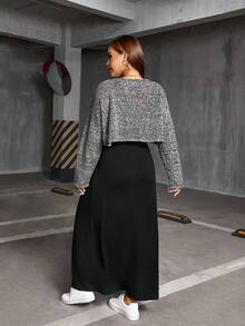 SHEIN Essnce 大码女装春秋季时尚休闲宽松舒适基础款日常灰色长袖露脐上衣和黑色马甲长裙两件套，春季服装，连衣裙套装，曲线套装 - 黑色 - 查看 2