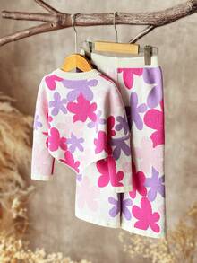 Emery Rose Kids Emery Rose Kids 2 件套少女彩色花卉图案圆领不对称斗篷毛衣和阔腿针织裤套装，可爱、温暖、舒适、休闲 - 彩色 - 查看 5
