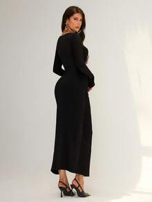 RiviMae 女士优雅镂空花卉 3D 褶皱修身中长连衣裙，纹理蕾丝面料，Y2K 风格，适合春、夏、秋季长裙 - 黑色 - 查看 3