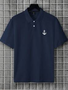 Manfinity Mode 男士锚印花短袖休闲通勤 Polo 衫，适合游艇、邮轮等场合，夏季穿着，复古正装风格。 - 寶藍色 - 查看 5