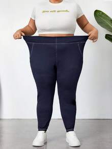 SHEIN CURVE+ Quần legging bó thun co giãn thường ngày cỡ lớn cho nữ có đường khâu lộ rõ, thoáng khí, thấm hút mồ hôi, mùa hè, Curve Plus, Hoho Vacation - Màu xanh hải quân - Xem 5