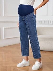 SHEIN Maternity Winter Solid Color Casual Jeans - Medium Wash - View 3
