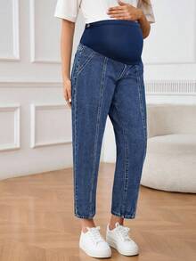 SHEIN Maternity Winter Solid Color Casual Jeans - Medium Wash - View 4