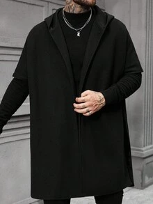 Manfinity Homme Áo khoác nam tay ngắn có mũ trùm đầu dáng rộng, hở phía trước, màu đen trơn, phong cách Old Money, thu đông - màu đen - Xem 5
