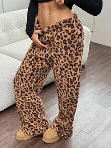 SHEIN Tall Quần nỉ họa tiết da báo mới dành cho nữ, phù hợp cho mùa thu/đông, quần họa tiết da báo, quần họa tiết da báo, quần dài mặc nhà, quần họa tiết động vật, quần vải lông, quần họa tiết da báo cho nữ, quần lông - Màu Khaki - Xem 7