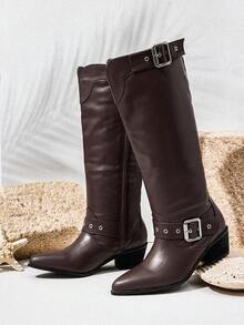 Styleloop Women's Studded, Zipper, Embroidered Decor Chunky Heel Pointed Toe Slip-On Boots, Suitable For Festivals, Outdoor, Ladies Over-The-Knee Boots For Halloween, Christmas, Autumn, Western, Core - Coffee Brown - View 3
